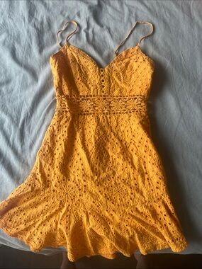 Fashion Nova Yellow Eyelet Mini Dress with Spaghetti Straps